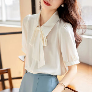 Áo Sơ Mi Voan Tay Ngắn Màu Trắng Cho Nữ Mùa Hè Cổ Polo Thanh Lịch Phong Cách Phong Cách Công Sở Màu Xanh Lam Mỏng