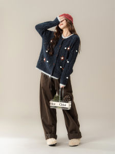 SHANGWEILUO | Áo Cardigan Knit Màu Xanh Phong Cách Thoải Mái Giảm Cân
