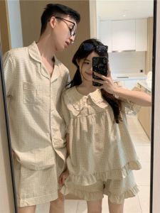 Cute Prince-Style Plaid Summer Couple Pajamas Set for Men and Women Short Sleeve Home Clothes Suitable for Casual Home Use