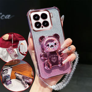 4 Corner Shockproof Phone Case with Cute 3D Bear Stand Crystal Chain Lanyard For Xiaomi 15 14 13 15T 14T 13TPro Ultra Back Cover