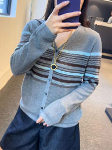 QINGNAER | Striped Color Block V-Neck Long Sleeve Figure Flattering Plus Size Cardigan