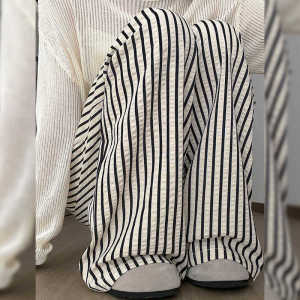 Plus Size Chubby Girl Ice Silk Thin Black and White Striped Pants Womens Summer New Arrival High Waist Slim Looking Walking Lazy Wide-Leg Pants