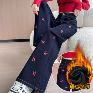 Retro Embroidered Denim Jeans Womens Winter Thickened Fleece Straight Leg Wide Leg Pants High Waist Zipper Closure Cotton Blend