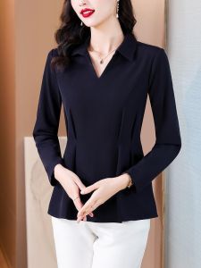 เสื้อเชิ้ตผ้าชีฟองทรงเข้ารูปเอวสูงแขนยาวแฟชั่นสำหรับผู้หญิงฤดูใบไม้ร่วงใหม่ เสื้อตัวเล็กที่มีสไตล์ปิดหน้าท้องด้วยกระโปรง เสื้อตัวบน