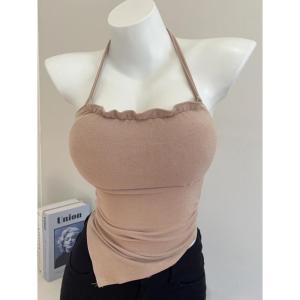 Large Size Womens Tank Top with Wooden Ear Edge Pure Color Single Piece Slim Style Hanging-neck Polyester Work Clothing for Summer