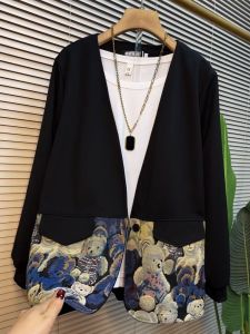 plus Size Spring 2024 Womens Jacket Slimming Stylish Shoulder Length Outerwear Korean Style V-Neck Long Sleeve Loose Fit