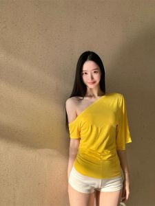 Versatile Basic Style Modal Pure Desire Sweet Spicy Asymmetrical Shoulder Summer New Loose Fit Elastic T-Shirt for Women