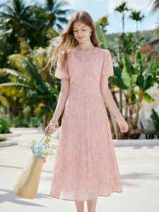 XIANGYING | Polka Dot V-Neck Ruffled Bubble Sleeve Pinafore Wood-Ear Waist Slimming Floral Printed Dress