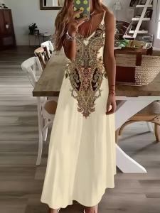 Printed Design Four Seasons casual style Ethnic Floral Embroidery Design Pattern V-neck sling dress
