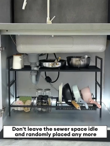 Adjustable 2-Tier Under-Sink Organizer Rack Multifunctional Storage Rack Expandable Under Sink For Pans & Pots