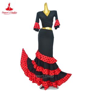 Flamenco Dance Costume V-neck Flared Sleeve Top+ High Waist Multi Layer Cake Skirt Stage Performance Suit Dancers Vitality