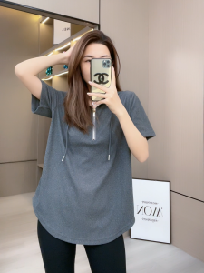Loose Fit Short Sleeve Zipper Hoodie Womens T-Shirt plus Size Versatile Summer New Style Half Zipper Design Casual Top