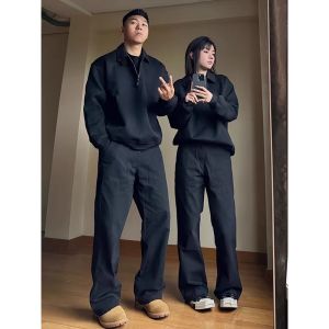 American Vintage Mens Workwear Pants Straight Leg Loose Fit Heavy Duty Logging Black Washed Casual Trousers for Commuting