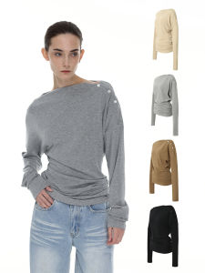 เสื้อยืดแขนยาวคลุมไหล่ Covertitle ทรงหลวม ผ้าผสมคอตตอน อะคริลิก โพลีเอสเตอร์ ไนลอน สำหรับผู้หญิง ฤดูใบไม้ร่วง/ฤดูหนาว