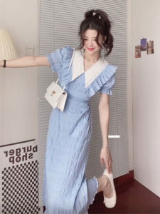 ชุดเดรสยาวคอตุ๊กตาสีน้ำเงิน ดีไซน์ฝรั่งเศส ดีไซน์เล็ก ดีไซน์ไฮเอนด์ ช่วงฤดูร้อน กระโปรงทรงเอ แขนพอง กระโปรงทรงเอ