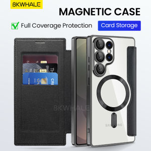 BKWHALE กรณีโทรศัพท์แม่เหล็ก สำหรับ Samsung Galaxy S25 Ultra S24 + S23 Ultra S22 + S24 Ultra S23 Plus S25Edge S24FE S23FE ด้วยผู้ถือบัตร ล้างฝากหลังกล่องโทรศัพท์หนัง Flip