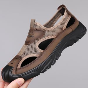 Dép Đi Biển Mùa Hè Mới 2025 Dép Xỏ Ngón Đế Bằng Lưới Thoáng Khí Bằng Da Thật Cho Nam Dép Đi Biển Thoáng Khí Cho Nam