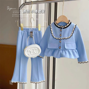 Girls Fashionable Two-Piece Set Spring Autumn Small Fragrance Style Childrens Clothing Polyester Cotton Blend Single Button Closure