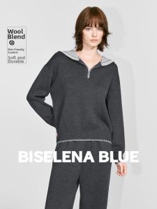BEIQIANI | Hooded Zipper Color Block Knitwear Loose Two-Piece Set