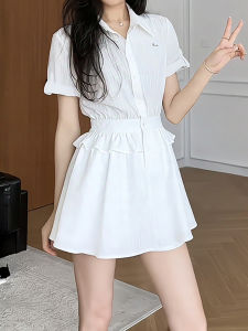 plus Size Womens Polo Neck Shirt Dress And Shorts Set Summer Slimming Two-Piece Suit Korean Style Fashionable Casual Wear