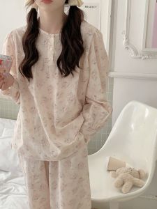 ผู้หญิง ผ้าฝ้าย ผ้าลินิน ชุดราตรี หวาน ลายดอก คอกลม แขนยาว กางเกงขายาว ทนกว่า ใส่สบาย ชุดนอน Ensemble