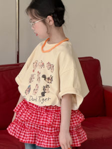 Girls Cartoon Cat Grid Short Sleeve T-shirt Summer New Loose Casual round Neck Top Korean Style Childrens Fashion Cotton Shirt