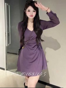 ชุดเดรสยาวเอวสูงเข้ารูปไซส์ใหญ่ แขนยาว ผ้าฝ้ายผสม ทรงเข้ารูป ดีไซน์ผูกเชือก เดรสฤดูใบไม้ร่วงสำหรับผู้หญิงไซส์ใหญ่