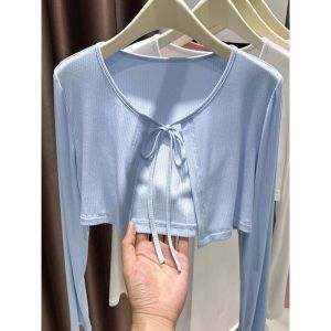 Blue Modal Wrap Shoulder Baring Short Cardigan Thin Womens Summer Sunscreen Outerwear Stylish Commute Slim Fit Long Sleeve