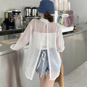 เสื้อเชิ้ตผ้าชีฟองกันแดดไซส์ใหญ่สำหรับผู้หญิงในฤดูร้อน เสื้อคลุมบาง แขนยาว คอโปโล สีพื้น ทรงหลวม สไตล์หวาน