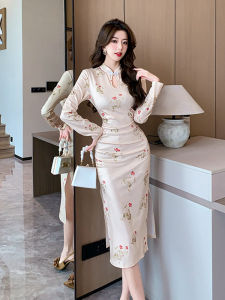 New Chinese Style Long Sleeve Floral Print Hollow out Slit Bodycon Dress Womens Design Sensation Qipao Dress for Autumn