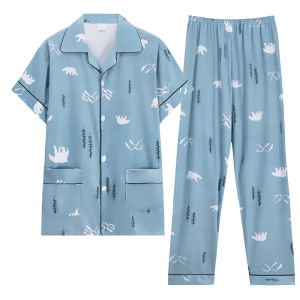 Mens Summer Thin Cotton Sleepwear Short Sleeve Home Clothes Set Large Size Spring Autumn Casual Cartoon Print Pajamas