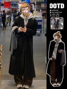 Korean Style Womens Black Woolen Coat Autumn Winter New Arrival Elegant High End Feeling Loose Fit Long Sleeve Polo Collar