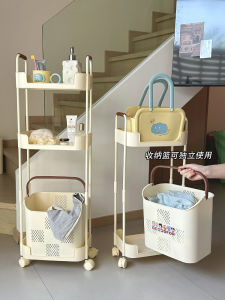 รถเข็นผ้าสีล้วนแบบเคลื่อนที่ได้สำหรับห้องน้ำ รถเข็นผ้าสีล้วนสไตล์เกาหลีขนาดใหญ่พร้อมชั้นวางสองชั้นสำหรับเก็บผ้าสกปรก