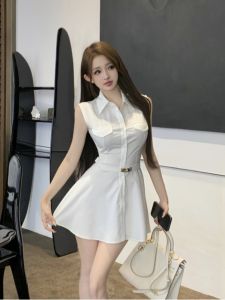 GUZILIAN | ชุดเดรสคอโปโลเซ็กซี่สไตล์เกาหลีสำหรับผู้หญิง กระโปรงสั้นแขนกุด ทรงเข้ารูป เอวสูง ชุดทำงานฤดูร้อน สไตล์เกาหลี