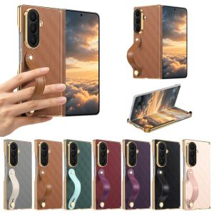 For Samsung Galaxy Z Fold8 Ultra / Z Fold8 / Z Fold7 / Z Fold6 Case Luxury Plaid Leather Cover Wrist Strap Electroplated Frame Shockproof Protective Phone Casing