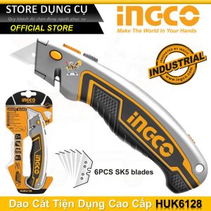 61x19mm Dao rọc giấy cao cấp INGCO HUK6128 Dao cắt rọc đa năng kèm 5 lưỡi dao thép SK5 (Chính hãng) dao trổ cắt đa năng