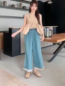 Women Korean Fashion High Waist Wide Leg Jeans Loose Casual Elastic Waist Straight Denim Pants