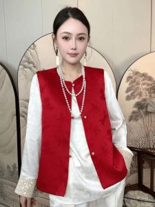 Double-Sided Double-Wear Satin Floral Embroidery round Neck Vest Womens Fashionable Versatile Autumn New Arrival Jacket