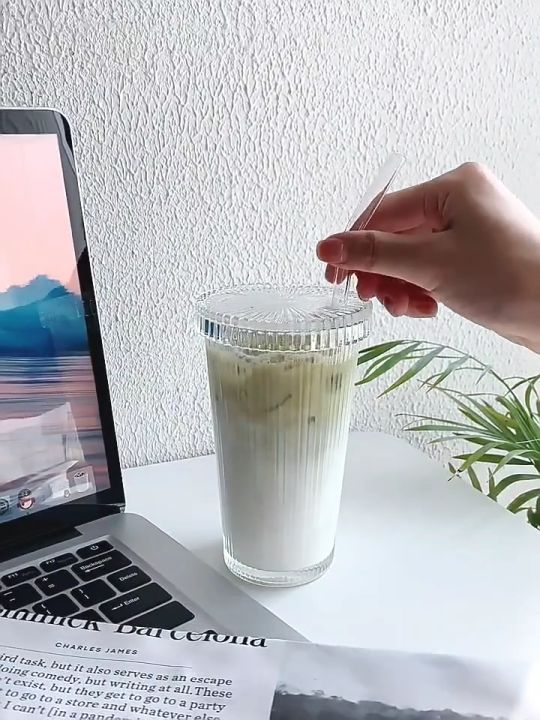 TAZA PH Ice Americano Ribbed Glass Cup with Lid and Glass Straw (380 ml ...