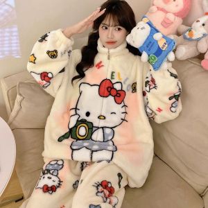 new sanrio pajamas Hello Kitty Kuromi Coral fleece warm loose fitting set Long sleeved thick cartoon Girls nightgown Winter