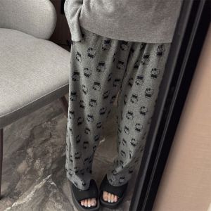 Cartoon Cat Pants Womens Autumn Winter Wide Leg Home Leisure Walking Trousers Towel Pants High Waist Long Pants Polyester Fiber