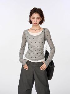 Gray Long Sleeve Short T-Shirt Women Early Autumn Butterfly Knot Slim Fit Base Layer Shirt Korean Style Commute Fashion