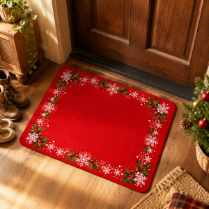 Thảm Cửa Chống Trượt VIKAMA Snowflakes & Holly Circle - Thảm Trải Sàn Trong Nhà Ngoài Trời Thấm Hút Nước Thảm Trải Sàn Bằng Vải Polyester Phong Cách Cổ Điển Để Trang Trí Nhà Cửa