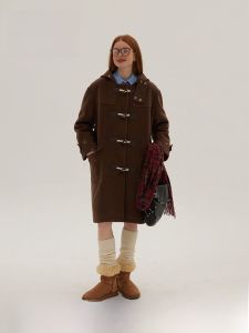 เสื้อโค้ทขนสัตว์มีฮู้ดยาวปานกลางสไตล์เกาหลีสำหรับผู้หญิง Knowwake ฤดูใบไม้ผลิ ฤดูใบไม้ร่วง ฤดูหนาว แฟชั่นเสื้อโค้ทขนสัตว์