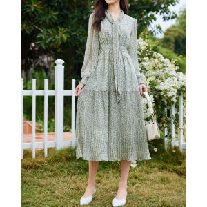 WANGGONGZHU | Elegant Floral Print Chiffon Dress Womens Summer 2025 New Style Belted Long Sleeve Slimming Maxi Dress Princess Style