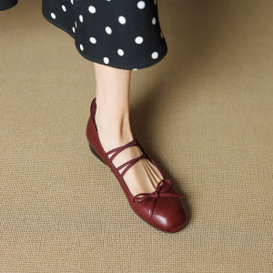 Feichi Genuine Leather round Toe Ballet Flats Womens Comfortable Soft Bottom Single Shoes Retro Style Spring Summer Collection
