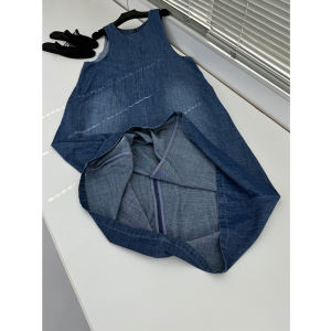 Anti-Aging College Style Long Dress Soft Denim Cotton A-Line round Neck Sleeveless Blue Jeans Gown Summer Commute Pure Color