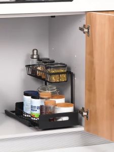 **NEW 2024** 2 Tiers Under Sink Kitchen and Bathroom Metal Sliding Storage Basket Desktop Extendable Storage Basket for Home and Office L型抽屉式置物架