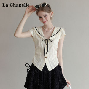 La Chapelle | College Style Sailor Collar Short Sleeve Shirt Belted and Hollowed Out Slim Waist Top