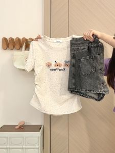 Happy Beast Japanese Cartoon Age-Reducing Sweet Girl Dopamine Short Shoulder Tops Womens Silm Short Sleeve T-shirt Spring and Summer